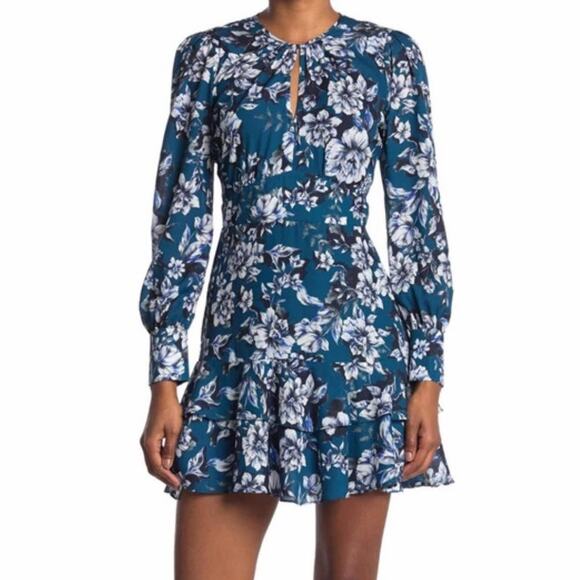 Parker Everglade Gardens Keyhole Mini Dress Empire Waist Balloon Sleeve Floral M - Picture 1 of 14